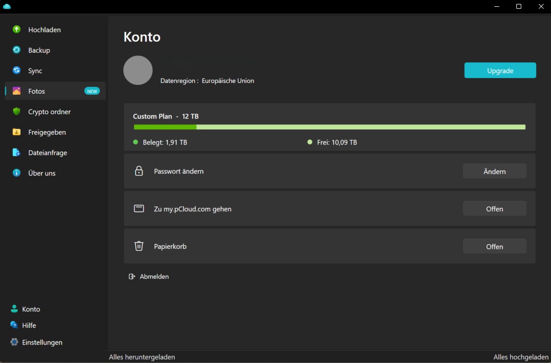 pCloud Dashboard: Man sieht Serverstandort und Speicherauslastung