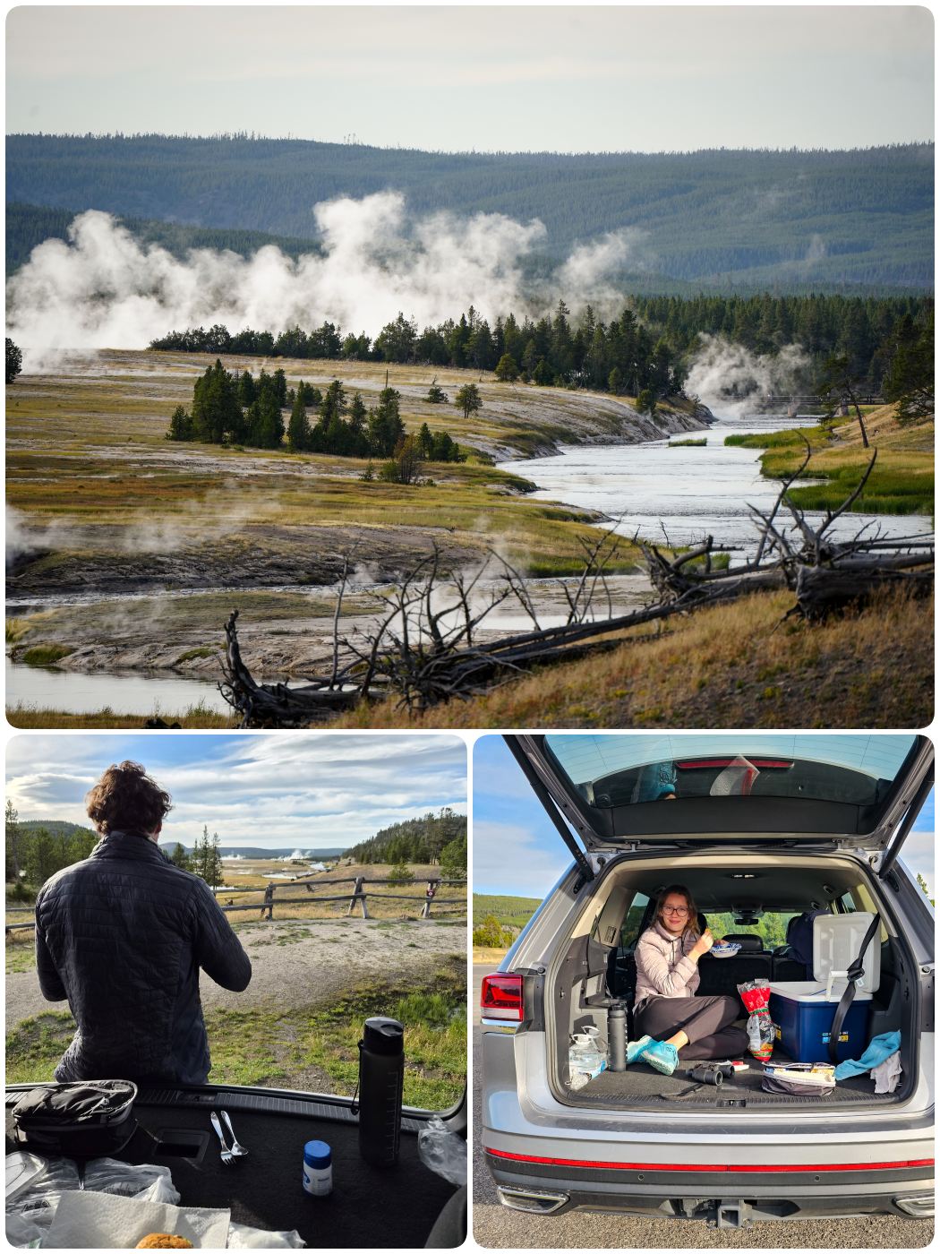 Picknick im Auto am Midway Basin im Yellowstone Nationalpark